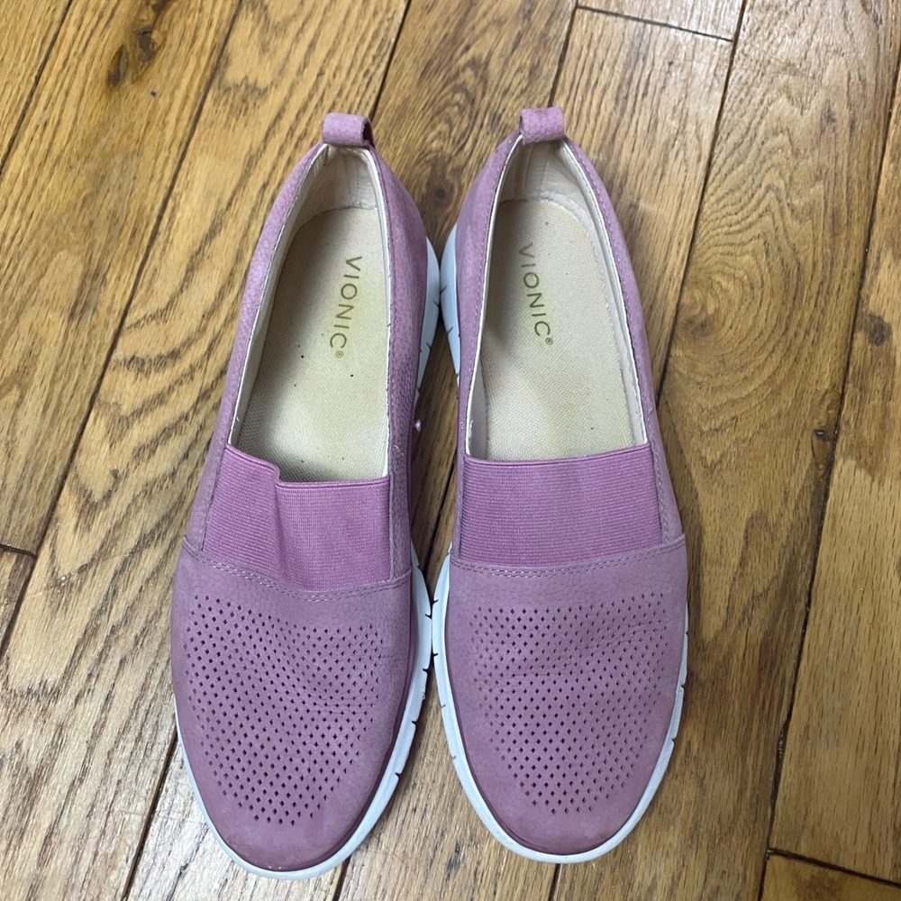Vionic Roxan Mauve Purple Nubuck Leather Slip On Sneakers Shoes Wide 11 W
